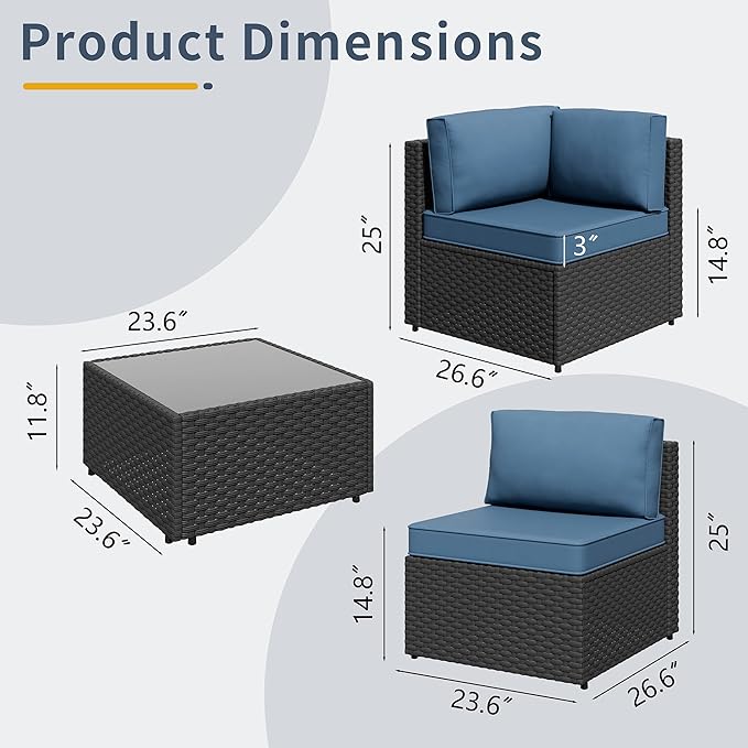 SUNLEI 5 Piece Patio Furniture Sets, Low Back All-Weather Rattan Sectional Sofa with Tea Table&Washable Couch Cushions, Patio Furniture Sets, Black Rattan SUNLEI