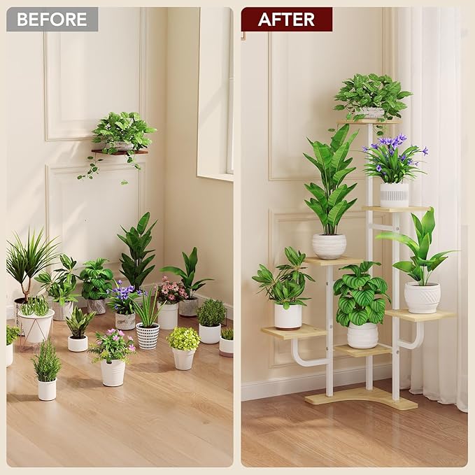 Corner Plant Stand with Grow Light - 6 Tier Plant Stand Indoor Square Metal Plant Shelf with Adjustable Light, Plant Organizer for Living Room, Graden, Home Decor (Maple) Homsorout