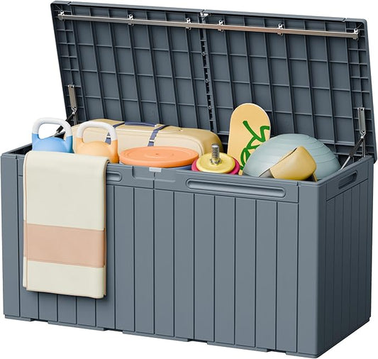 Greesum 110 Gallon Outdoor Storage Box with Lockable Lid, All-Weather Solution for Patio Furniture, Pool Supplies & Garden Tools, Waterproof, UV-Resistant Large Deck Box, Gray BuynowfromGreesum