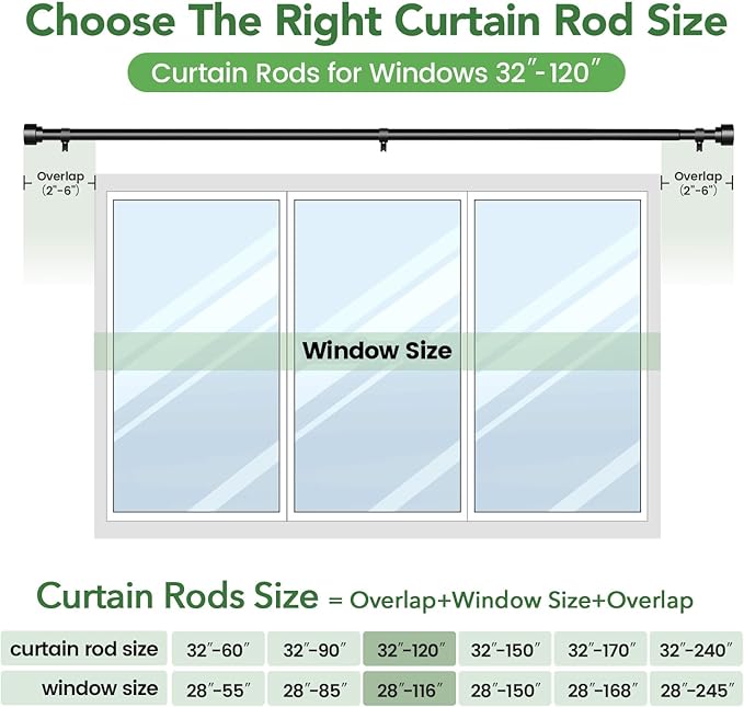 2 Pack Curtain Rods for Windows 66 to 120, 1 Inch Black Adjustable Heavy Duty Extra Long Curtain Rod with End Caps, Modern Indoor Outdoor Window Drapery Rods for Patio Bedroom, Size 32"-120" TimeForest