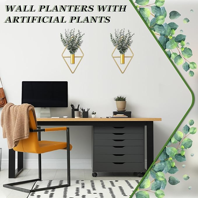 Jexine 8 Pcs Hanging Planters with Artificial Eucalyptus Metal Hanging Vase Indoor Plants Holder Modern Geometric Boho Bathroom Wall Decor for Living Room Home Office (Eucalyptus,Gold) Jexine