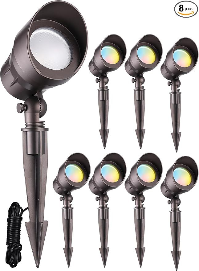 LEONLITE 8-Pack 5CCT Low Voltage LED Landscape Spotlight, Update 1800K2700K3000K4000K5000K Selectable, 5W 12V Pathway Lights Outdoor, CRI90, Aluminum Spot Lights for Yard, ETL Listed, IP65 Waterproof LEONLITE