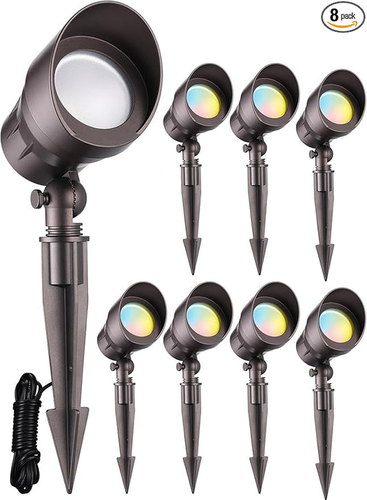 LEONLITE 8-Pack 5CCT Low Voltage LED Landscape Spotlight, Update 1800K2700K3000K4000K5000K Selectable, 5W 12V Pathway Lights Outdoor, CRI90, Aluminum Spot Lights for Yard, ETL Listed, IP65 Waterproof LEONLITE