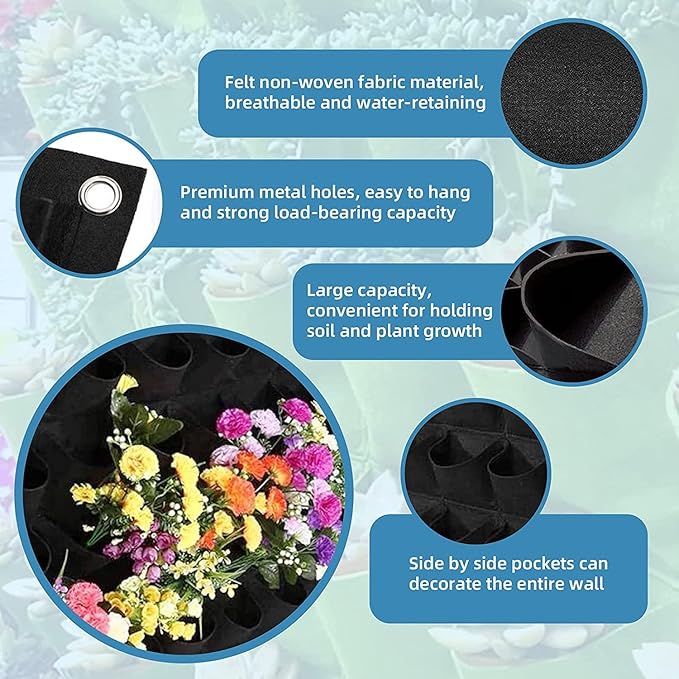90 Pockets Hanging Planter Bags, Hanging Vertical Wall Mounted Plant Planting Grow Bags, Herb Garden Planter Outdoor Indoor Growing Bag, Gardening Vertical Greening Flower Container(1.1m×1.1m, Black) Pehciroe