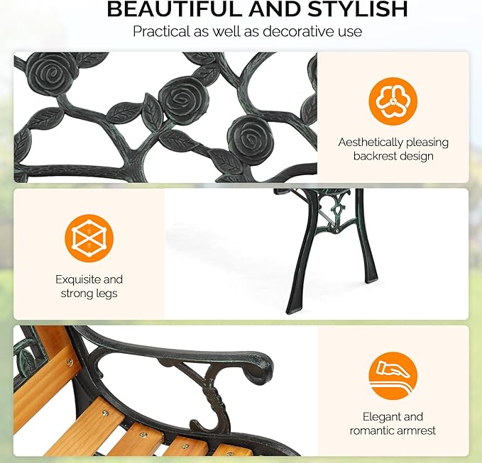 VINGLI Outdoor Bench Metal Garden Bench, Wood Patio Benches w/PVC Backrest Cast Iron Love Seat Park Benches for Porch Yard (Rose) VINGLI