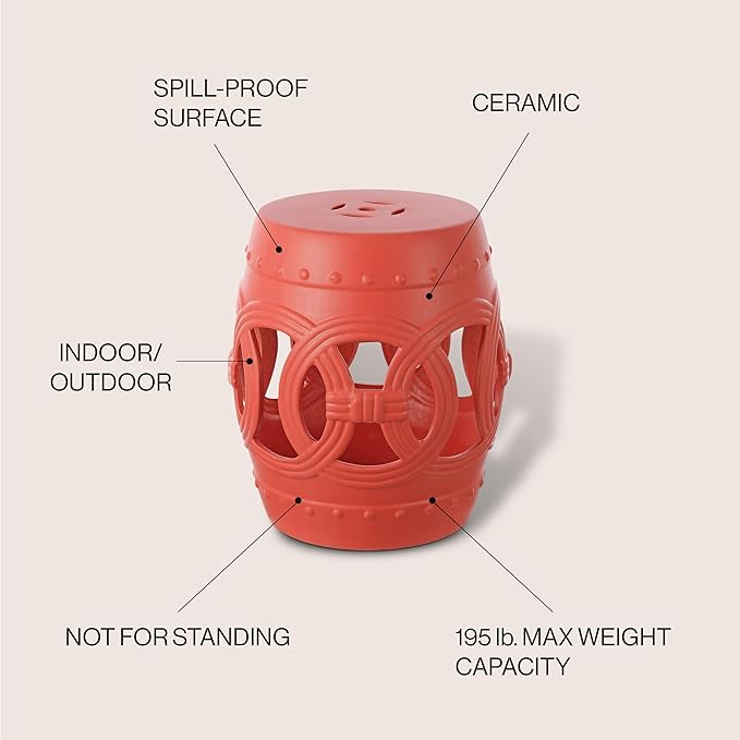 JONATHAN Y TBL1022G Lucky Coins 16" Chinese Ceramic Drum Indoor/Outdoor Garden Stool Bohemian, Coastal, Cottage, French Country, Traditional, for Living Room, Garden Room, Patio, Matte Coral JONATHANY