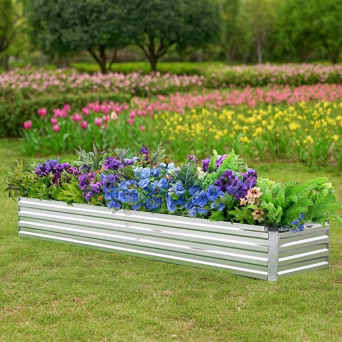 2 Pack 6x1.5x1FT Galvanized Raised Garden Bed Kit, Outdoor Metal Planter Box for Vegetables, Bottomless Rectangular Gardening Bed with Support Rods, Tool-Free Assembly, Silver Meberam