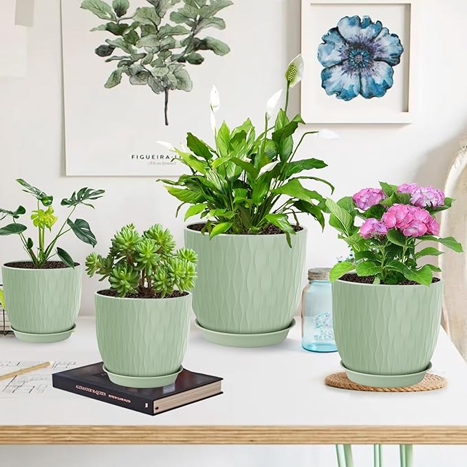 Plastic Plant Pots 10/9/8/7.5/7 inch Set of 5, Flower Planters with Drainage Holes and Saucers, Plastic Pots for Indoor Outdoor Plants, Livingroom Garden Decor (Green) LesOasis