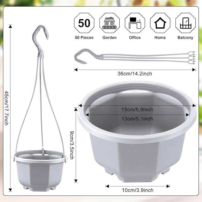 Roshtia 50 Pcs 5.9 inch Plastic Hanging Plant Pots with Hooks Flower Pots Baskets Outdoor Hanging Nursery Planter Holder for Home Garden Balcony Porch(Gray White, 5.9 inch) Roshtia