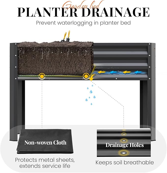 KING BIRD Large Raised Garden Bed with Legs Galvanized Elevated Planter Box 48×24×32 in for Backyard, Patio, Balcony, 400lb Capacity, Dark Grey 2pcs KINGBIRD