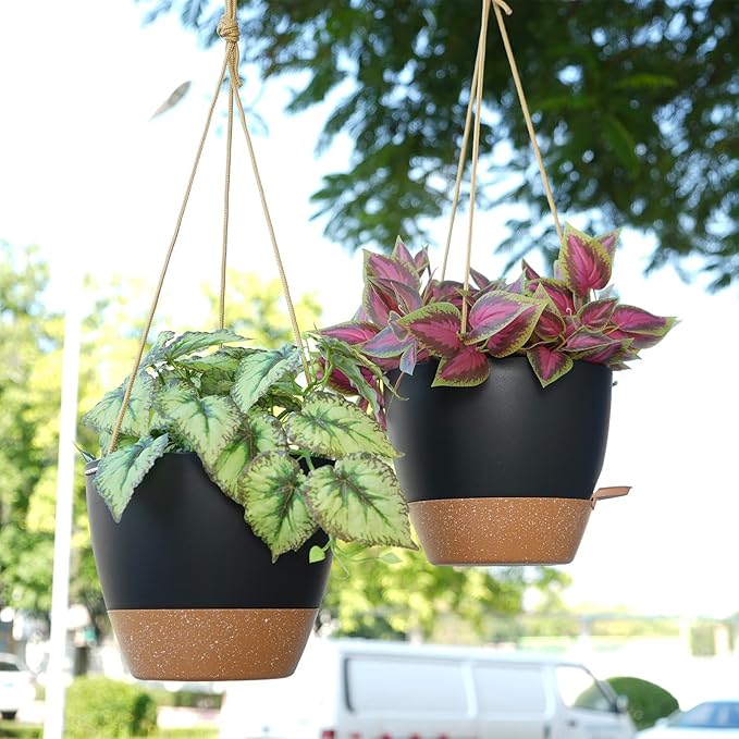 10 Inch Self Watering Hanging Pots, 2 Pack Hanging Planters with 40oZ Deep Reservior for Indoor Outdoor Plants Flowers, Black with Brown SwinDuck