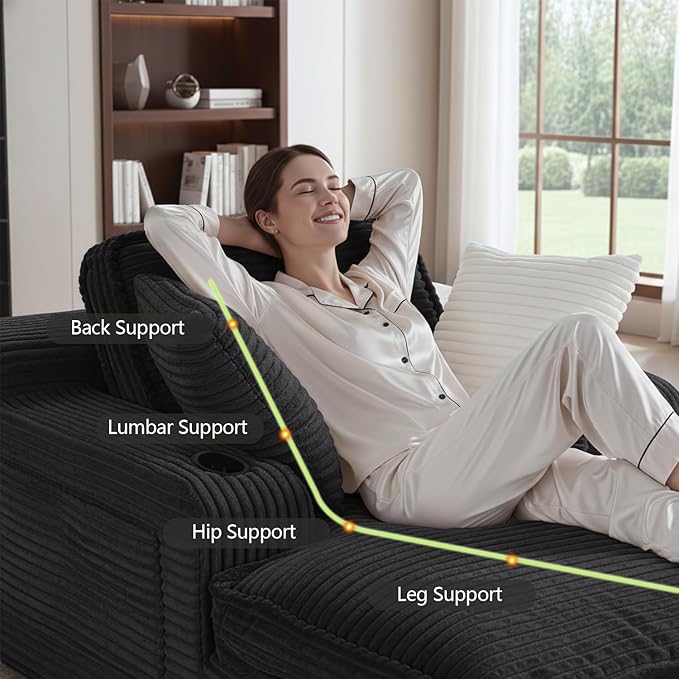 67" Oversized Chaise Lounge Chair Indoor, Soft Boneless Cloud Couch with 3 Pillows, 4 Side Pockets and 2 Cup Holders, Comfy Corduroy Sleeper Couch for Living Room Bedroom Rootora