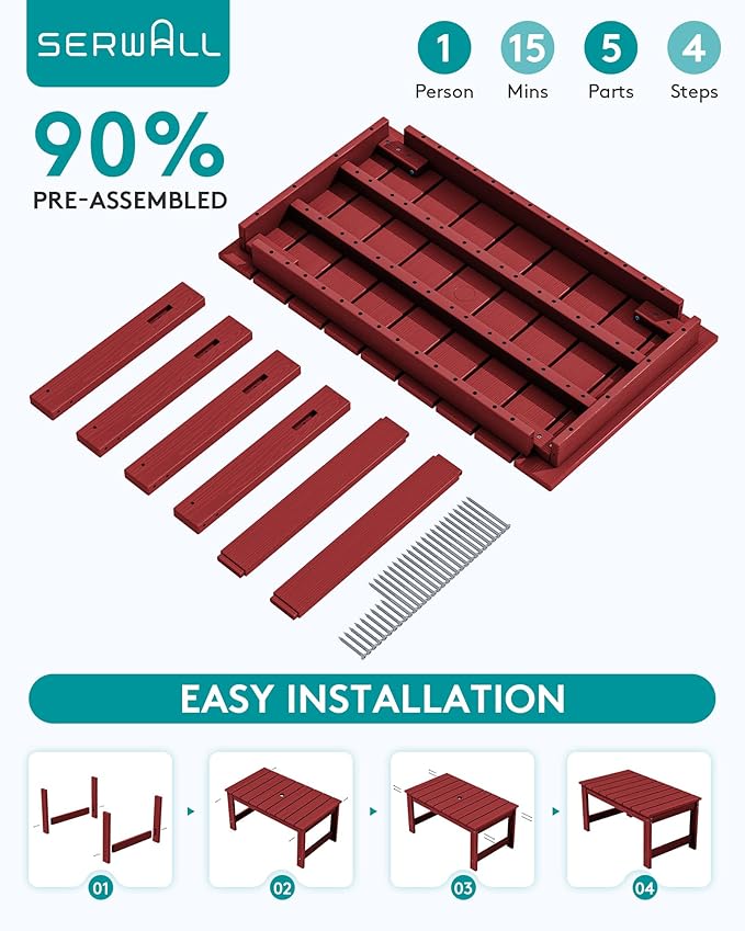 SERWALL Outdoor Coffee Table with 1.69" Umbrella Hole, HDPE Patio Coffee Table for Outside, Rectangle, Red SERWALL