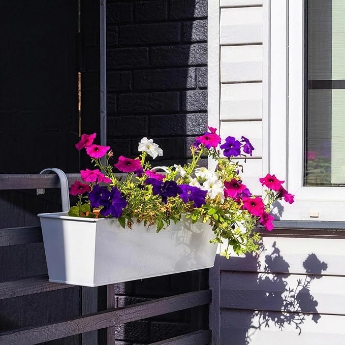 3 Pack Metal Railing Planters, 16 Inch Large Rectangular Hanging Flower Pots with Detachable Hooks & Drainage Holes, Fits Rails up to 2.5", Galvanized Iron Window Box for Balcony Garden - White MeltsetM