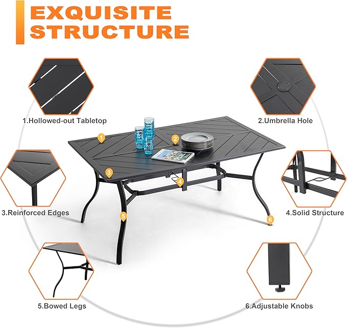 NUU GARDEN 6-Person Outdoor Dining Table, All Weather Patio Table with Umbrella Hole, Backyard Bistro Table, Black, 61x37x29 inches, 150 LBS Load Capacity NUUGARDENCORPORATION