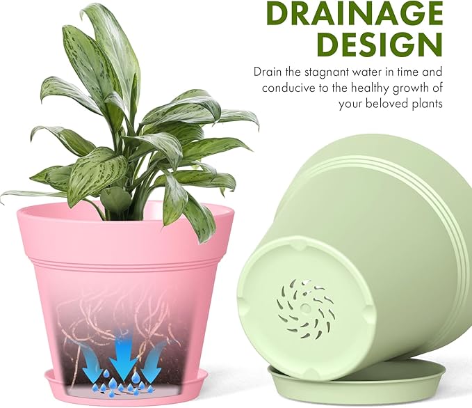5 Inch Plastic Plant Pots with Drainage Holes and Trays – 6 Pack Small Nursery Pots for Indoor & Outdoor House Plants and Flowers, Seedling Starter Planters, Colorful WSMKSZ