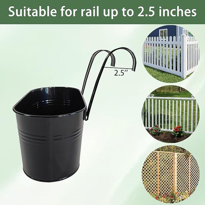 2 Pack Metal Hanging Planter for Outdoor Plants, 10 Inch Black Fence Planters Railing Pots for Garden Patio Balcony Decor, Flower Bucket with Detachable Hooks (Black, 2Pcs) JOYFERNAL