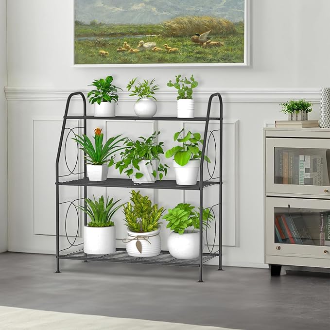 Plant Stand, 3 Tier Plant Shelf for Indoor Outdoor, Heavy Duty Metal Outdoor Plant Stand Holder Rack for Living Room Balcony and Garden, Iron Wire, Black VyGrow