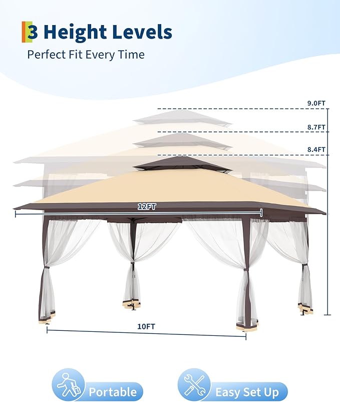 Canopy Tent 12x12 ft, Pop Up Gazebo One-Push Setup with 4 SandBags for Backyard Parties and BBQs, Mosquito Netting & Height Adjustable - Khaki & Coffee GarveeLife