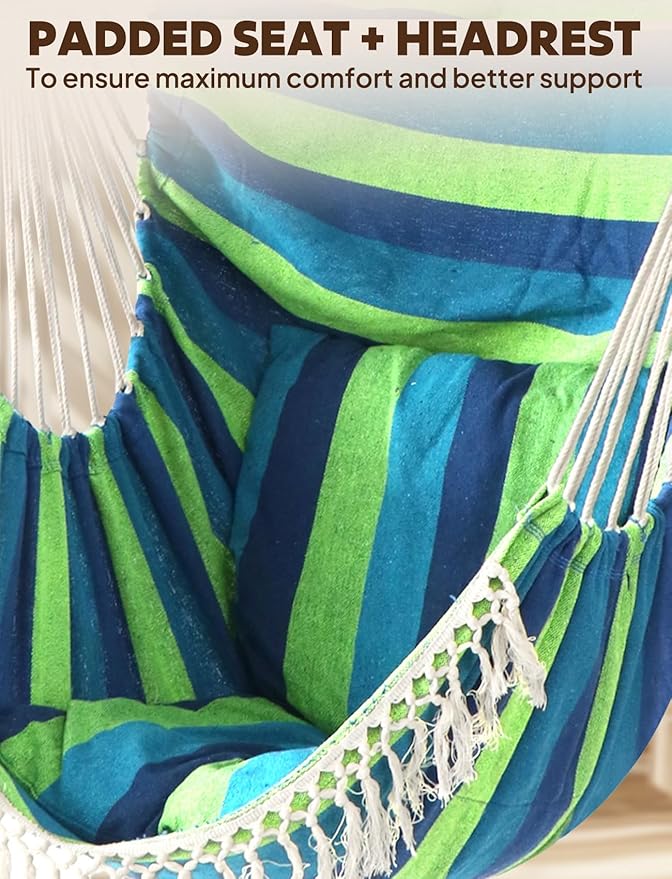 Chihee Hammock Chair Hanging Swing Max 500 Lbs 2 Cushions Included Metal Spreader Bar with Anti-Slip Grooves Portable Hanging Chair Side Pocket Large Macrame Bohemian Chair Indoor Outdoor Chihee