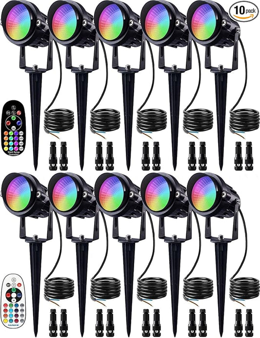 SUNVIE 12W Christmas Low Voltage Landscape Lighting RGB Color Changing LED Landscape Lights Remote Control Waterproof Garden Patio Spotlight Decoration for Outdoor Indoor(10 Pack with Connector) SUNVIE