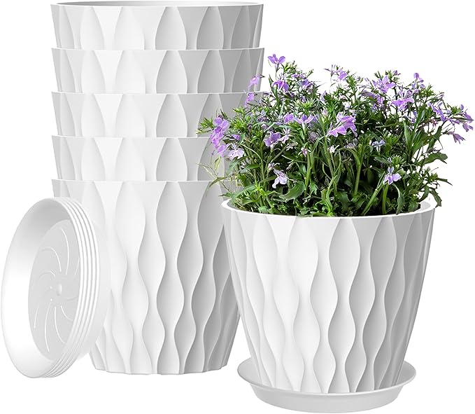 6 Pack 7 Inch Plant Pots with Drainage and Saucers, White Plastic Flower Pots for Indoor and Outdoor Plants, Stackable Nursery Planters for Houseplants and Herbs, White zople