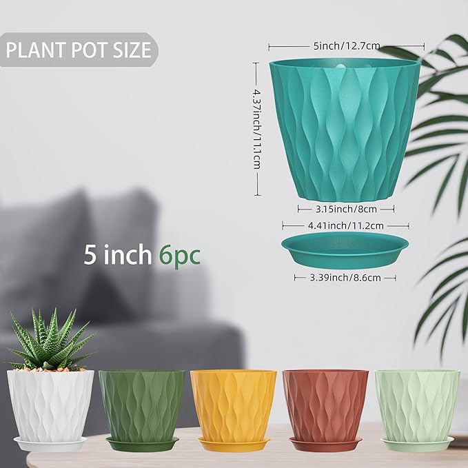 5 Inch Planter Pots, 6 Pack Indoor Planters, Small Flower Pots with Drainage Holes and Tray for Succulents, Orchids, Herbs and Other Indoor Plants (Multicolor, 5inch) SQKH