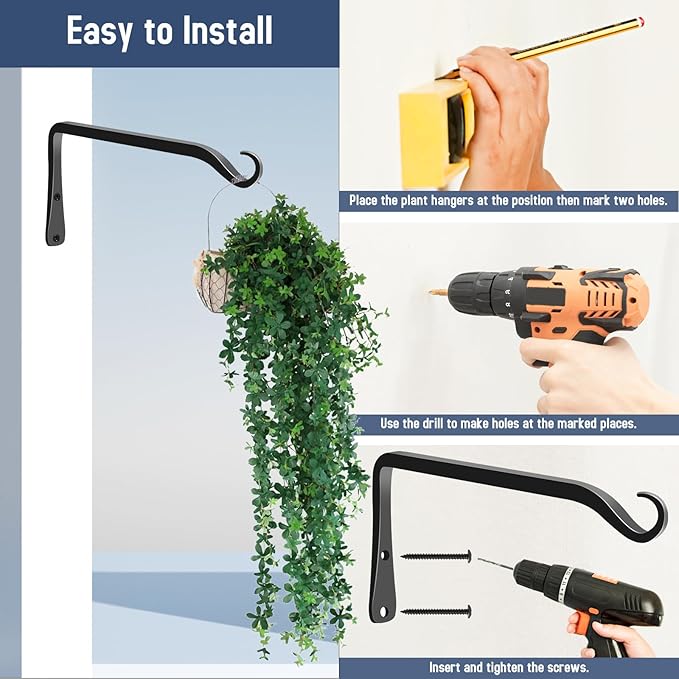 FEED GARDEN 2 Pack 8 Inch Hanging Plant Bracket Wall Hooks Decorative Plant Hangers for Outdoor Hanging Bird Feeders, Wind Chimes, Plant Baskets, Black FEEDGARDEN