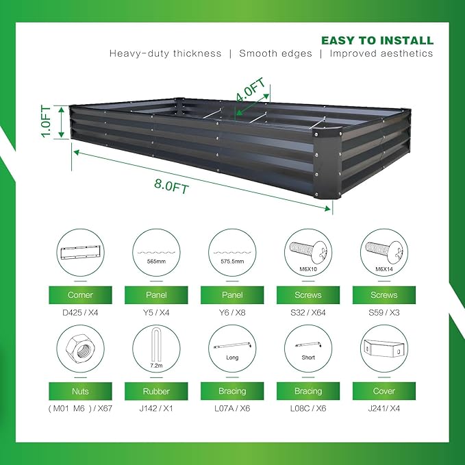 GARDMAX 8x4x1FT Galvanized Raised Garden Bed Kit, Metal Planter Boxes Outdoor with Easy Assembly, Large Garden Bed for Vegetables, Fruits, Flower, Herbs Rectangle Dark Gray ChooseGardmaxforbetterlife