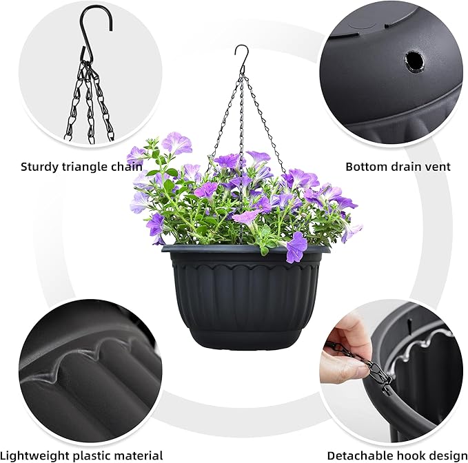 YIKUSH Planters for Outdoor Plants 2 Pack Black Plant Pots with Drainage Hole and Absorbing Tray Hanging Planters for Indoor Plants (12 inch, 3 Hooks) YIKUSH