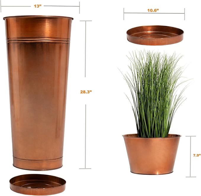 28in Tall Copper Planters Set of 2,Galvanized Steel Tall Outdoor Planter for Indoor/porches- Copper Color(2planters,2inner pots with Holes,2trays) Ultiteque