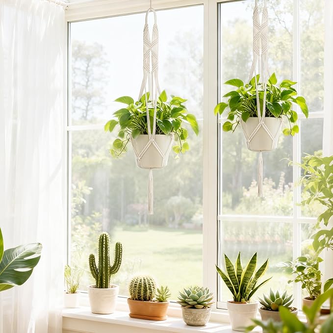 Mkono 2 Packs 43 Inch Macrame Plant Hanger Large for up to 12 Inch Pot Extra Long Hanging Plant Holder Hanging Planter Basket for Indoor Outdoor Boho Home Decor(POTS NOT Included) Mkono