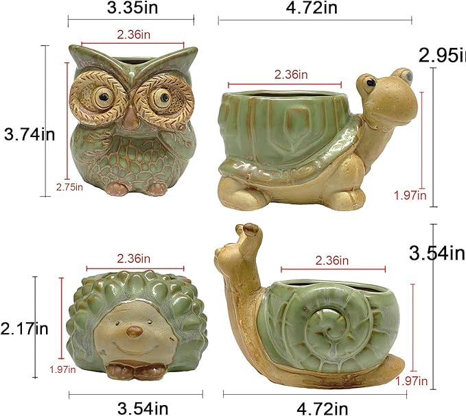 Small Ceramic Succulent Pot with Drainage, Animal Succulent Planter, 4.4 Inch Flower Pots, for Flower, Cactus, Mini Succulent Plants, Indoor and Outdoor use, Set of 4 Garden Gift SUNSMIL
