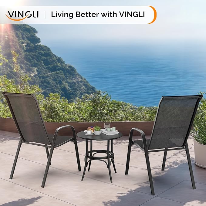 VINGLI Patio Chairs Set of 6 – Stackable Outdoor Dining Chairs with Comfortable Sling High Back Chairs and Armrests for Lawn, Poolside, Courtyard, Balcony, Garden, Black VINGLI