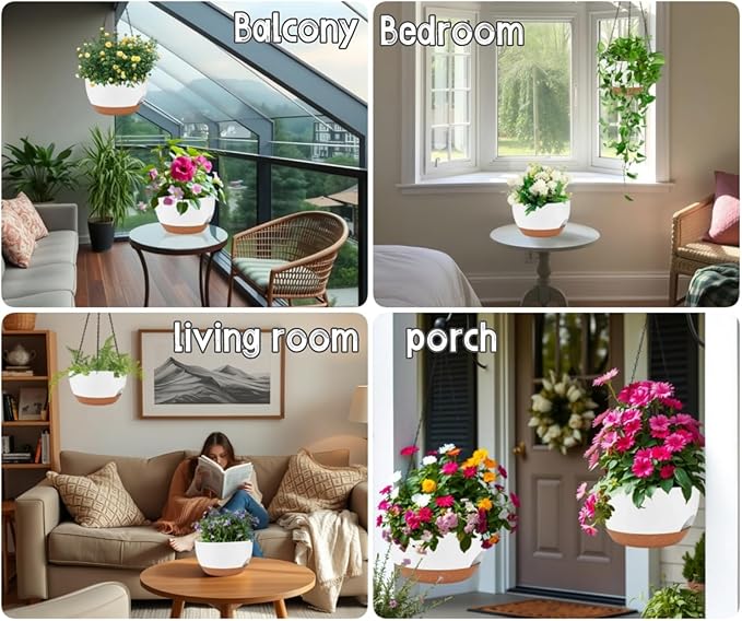 2 Pack 12 Inch Self Watering Hanging Planters for Indoor Plants, Large White Brown Plastic Hanging Pots with Chains for Outdoor Patio Garden Home Decor White Brown zople