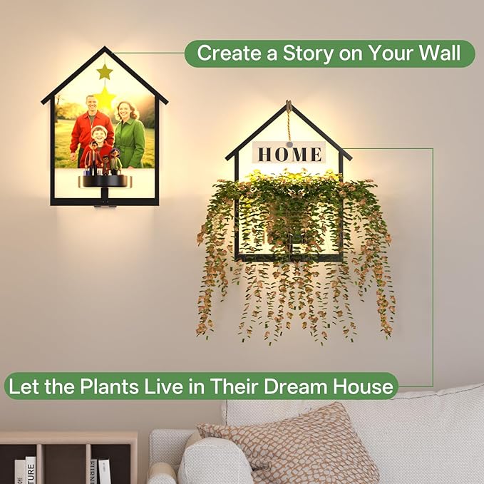 Wall Planters for Indoor Plants with Lights, 2 Pack House Shape Plant Shelves, Anti-Rust Hanging Wall Plant Holder with Warm Light for Home Decor Indoor Outdoor, Entryway Housewarming/Wedding DTUQYX