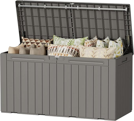 Devoko 100 Gallon Outdoor Storage Box, Waterproof Resin Deck Box for Patio Furniture, Lockable Container for Garden Cushions & Pool Supplies (Light Brown, 100 Gallon) DEVOKO