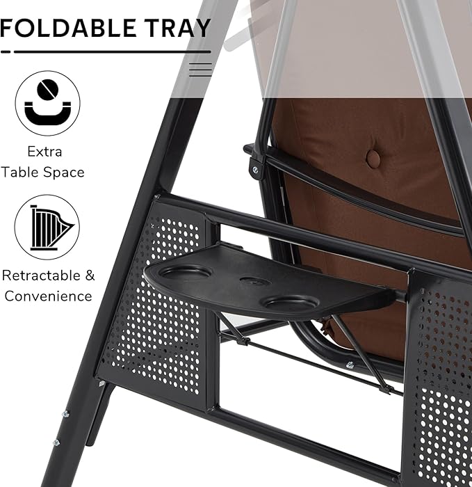 U-MAX 3-Seat Porch Swing Chair Steel Frame, Patio Swing Chair with Stand and Removable Cushions, Outdoor Canopy Swing Chair for Outside, Backyard, Garden, Brown Cushion U-MAX