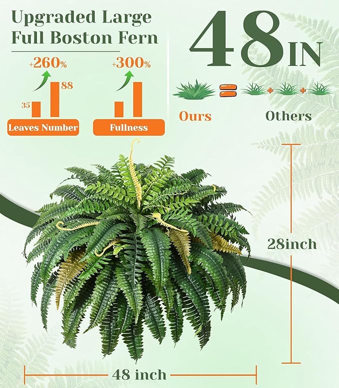 Set of 2 Large Autumn 88 Leaves Artificial Ferns for Outdoors Look Real, Fake Faux Boston Ferns for Outdoor Planter Realistic UV Resistant Artificial Fake Plants for Porch Patio Hanging 47 inch FAJUNZH