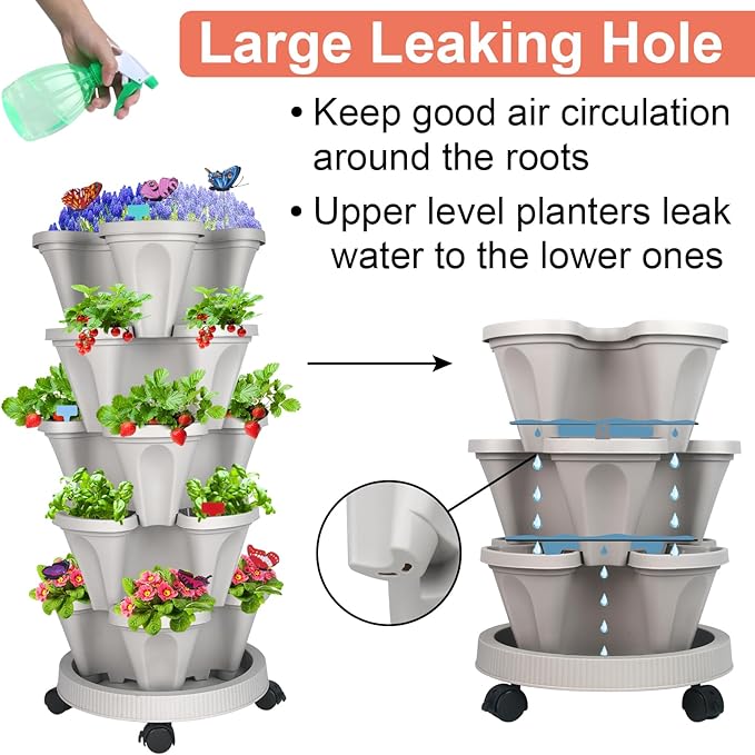 GameXcel Vertical Planter, 5 Tier Stackable Strawberry Planter with Garden Tool Set, Movable Indoor/Outdoor Garden Herb Pot for Growing Vegetables and Succulents, Gray GameXcel