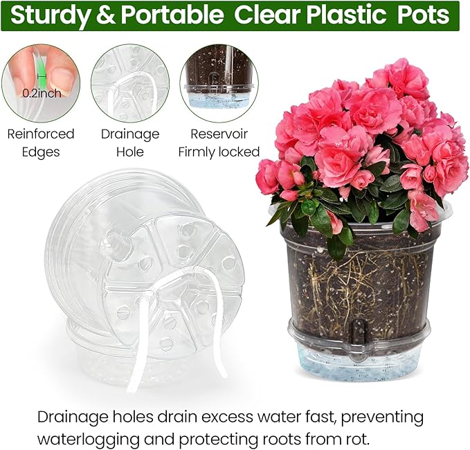 MIXC 12 Packs 5 Inch Self Watering Pots for Indoor Plants - Clear Nursery Plant Pots with Drainage, Deep Visible Reservoir - Flower Planter Outdoor with Wicking Rope MIXC