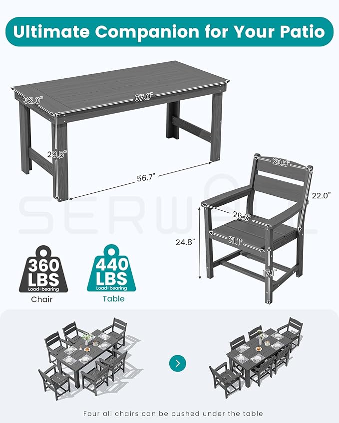 SERWALL Outdoor Dining Table Set, 67‘’ HDPE Patio Dining Set for 4, All-Weather Outdoor Table and Chairs Set for Deck, Grey SERWALL