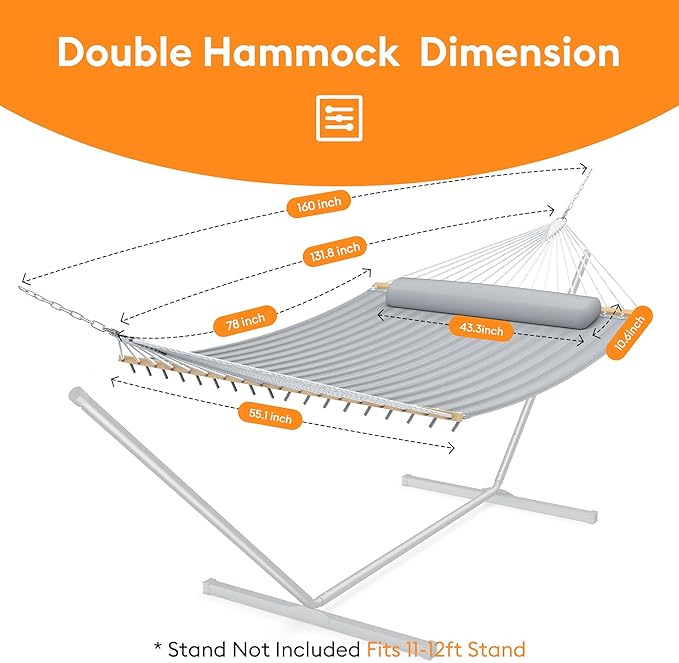 Double Hammock with Spreader Bar & Pillow, Portable 500lbs Capacity for Outdoor, Camping, Patio, Backyard Relaxation,Gray Rootora