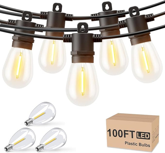Svater Outdoor String Lights 100 FT, Patio for Outside with Shatterproof S14 Bulbs, Waterproof LED Hanging Light for Cafe Backyard Bistro Party, Warm White Svater