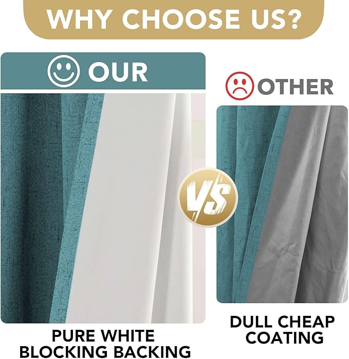 H.VERSAILTEX Linen Blackout Curtains 54 Inches Long 100% Absolutely Blackout Thermal Insulated Textured Linen Look Curtain Draperies Anti-Rust Grommet, Energy Saving with White Liner, 2 Panels, Teal HVERSAILTEX
