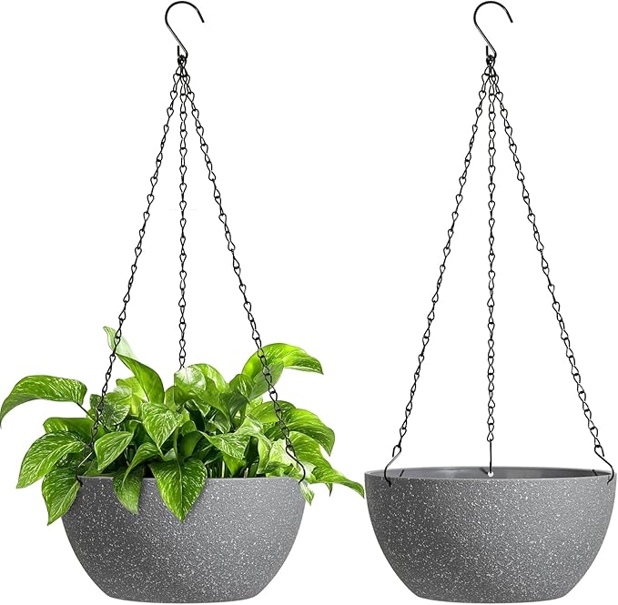 T4U Hanging Planters for Indoor Plants, 10 Inch Hanging Planter Outdoor 2 Pack, Hanging Basket with Drainage Holes, Hanging Plant Holder Indoor, Flower Pots, Plant Pots for Garden, Grey T4U