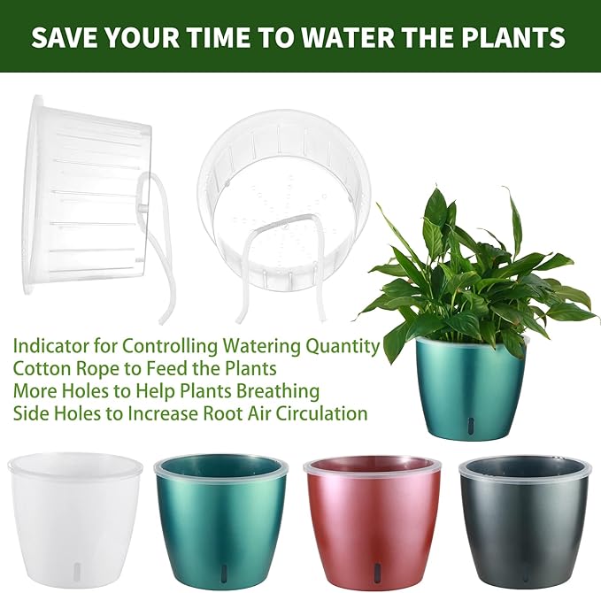 Self Watering Pots for Indoor Plants, 12-Pack 5'' Self Watering Planter with Drainage Holes, Small African Violet Pots with Water Indicator, Clear Wick Pot, White/Black/Blue/Rose Gold KvyusFlourish