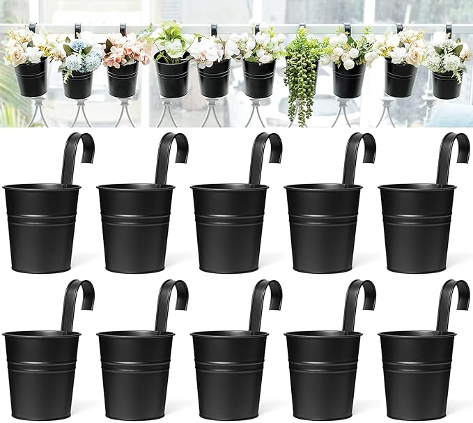 Dahey 10 Pcs Hanging Flower Pots Metal Iron Bucket Outdoor Planter for Railing Fence Balcony Garden Home Decoration Flower Holders with Detachable Hooks, Black, 5 Inches Dahey