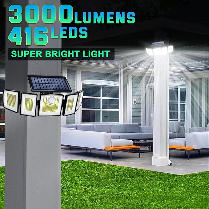 Solar Lights Outdoor Waterproof Motion Sensor - 416 LEDs 3000 Lumens Super Bright 3 Brightness 3 Modes 2400mAh 360° Illumination 32ft Solar Flood Security Light for Outside (‎With Remote Control, 4) MDCMDCMSolarLightsOutdoor