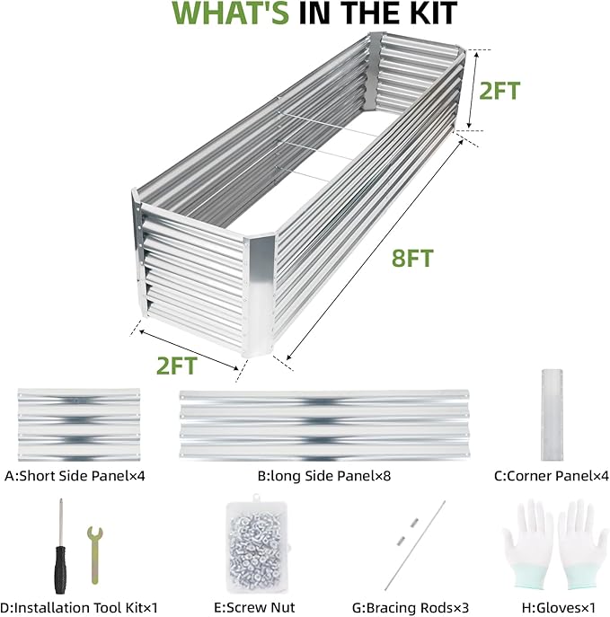 8x2x2ft Raised Garden Bed - Galvanized Deep Root Planter Boxes Outdoor with Wing Nuts and Safety Edges for Gardening Vegetables, Flowers, Herbs, Succulents - Silver GoCampDirect
